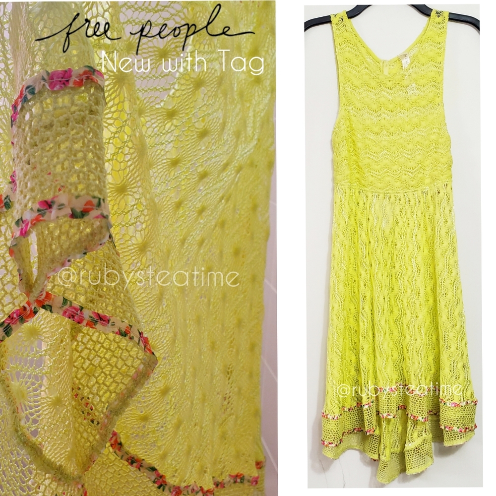 FREE PEOPLE Y2K Era Neon Yellow Mesh Crochet Dress, New with Tag